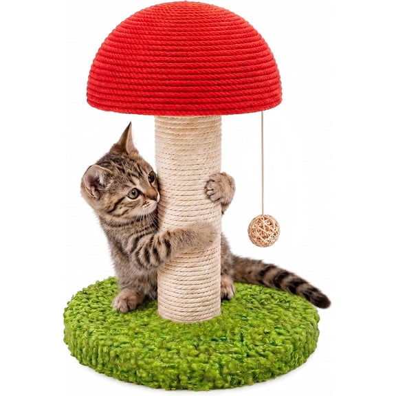 Mushroom Cat Scratching Post for Kittens & Small Cats – Mini Cat Tree with Stable Base, Natural Sisal Scratcher with Hanging Ball, Space-Saving Indoor Cat Toy for Apartments and Small Spaces