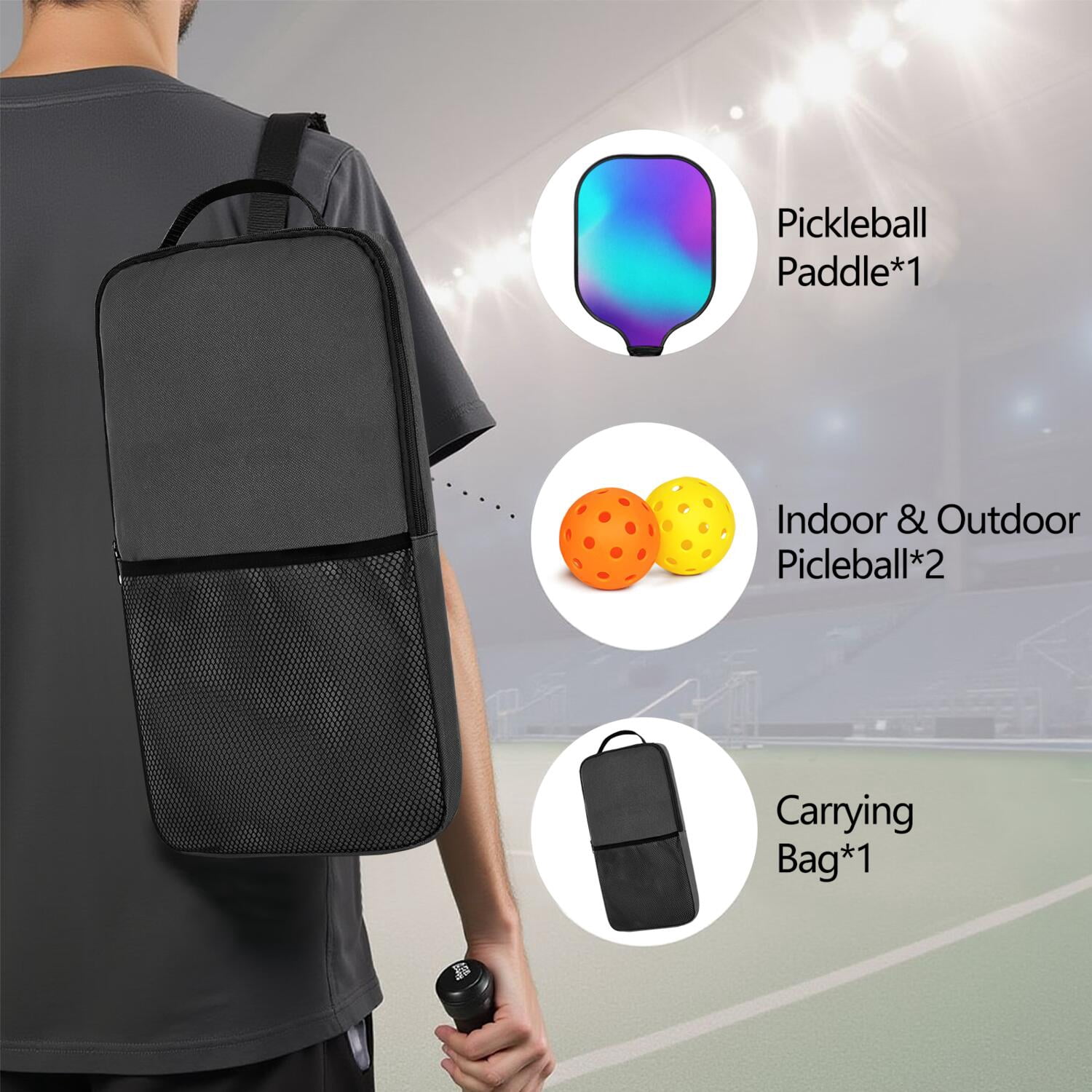 Pickleball Paddles Set Of 1, Fiberglass Surface, Neon Fluid Print, 1 Paddle, 2 Balls & Bag