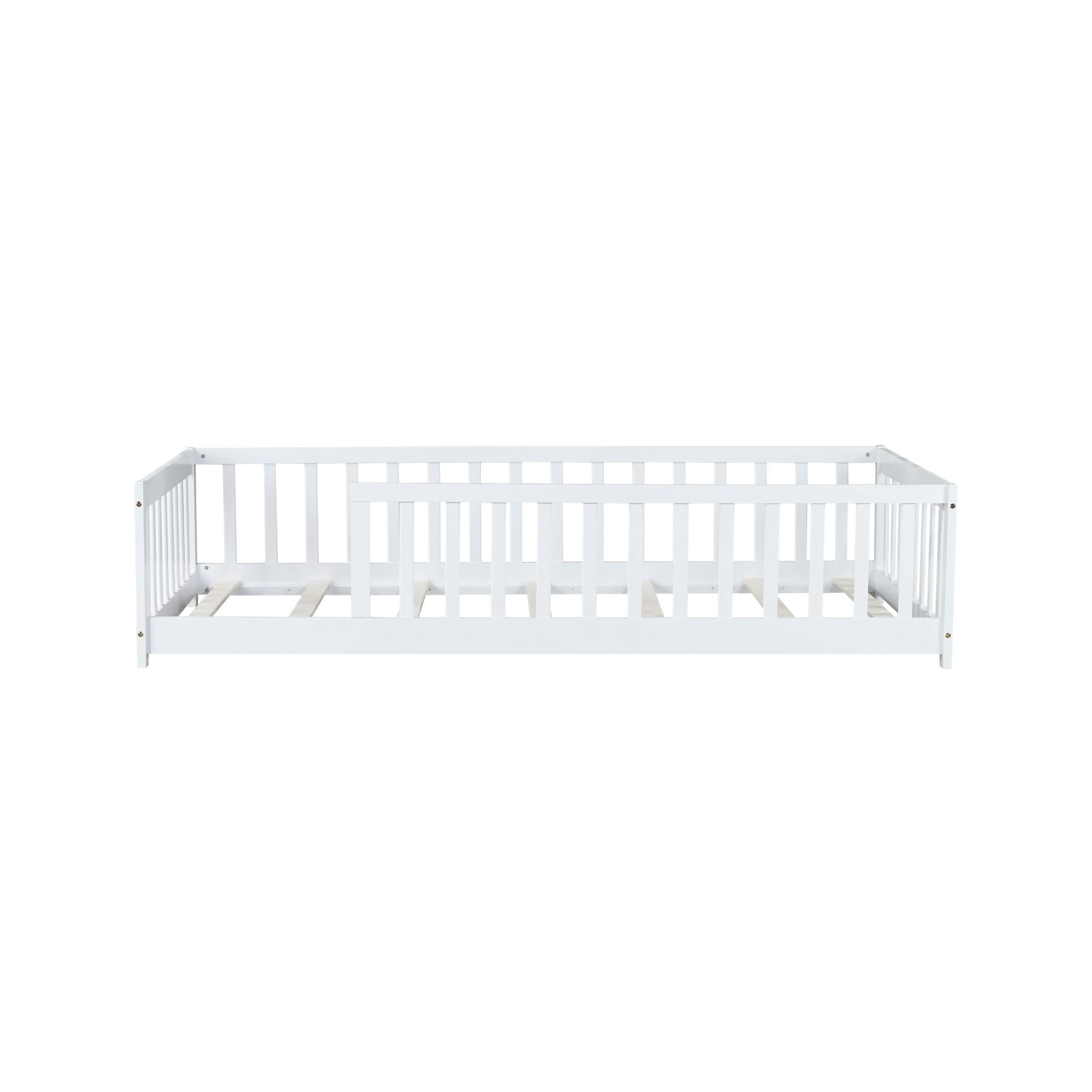 Noble House Nira Twin Size Floor Bed with High Fence, Sturdy Rubber Wood Montessori Bed, Kid's Room, White