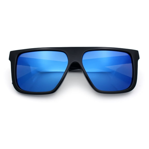 Kush Mens Color Mirror Flat Top Urban Fashion Horn Rim Sunglasses [Black - Blue Mirror]