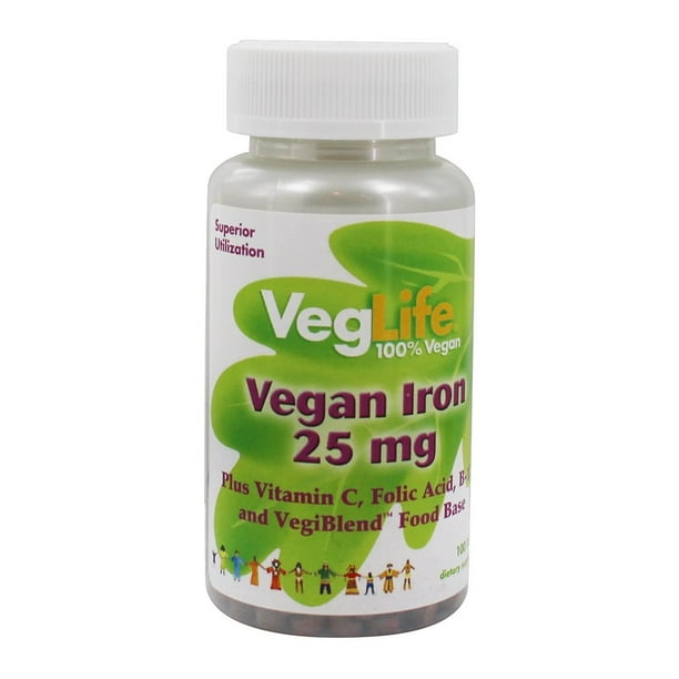 VegLife Vegan Iron 25 mg Plus Vitamin C, Folic Acid, B12 and