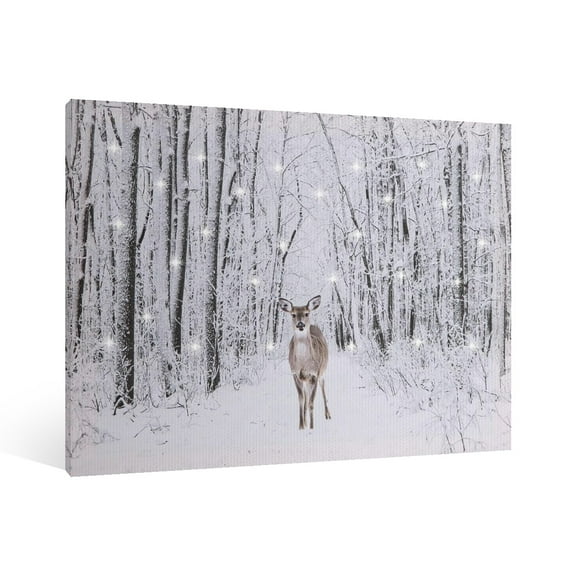Vintage Christmas Snowy scenery elk Wall Art Paint Framed - Retro Xmas Festive Winter Holiday Christmas Wall Decor Canvas Print for Living Room Kitchen Bathroom Home Bedroom Decor
