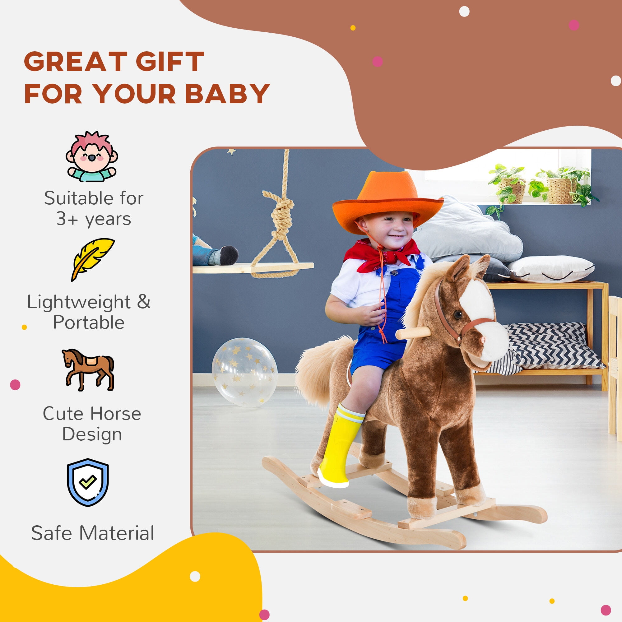 Childrens Bike, Qaba Kids Rocking Horse, Plush Toddler Rocker, Wooden Base Ride-On Toy with Handle Grip, Traditional Toy for Kids 36M+, Brown, Brown Kids Bike,Plush Girls Bike