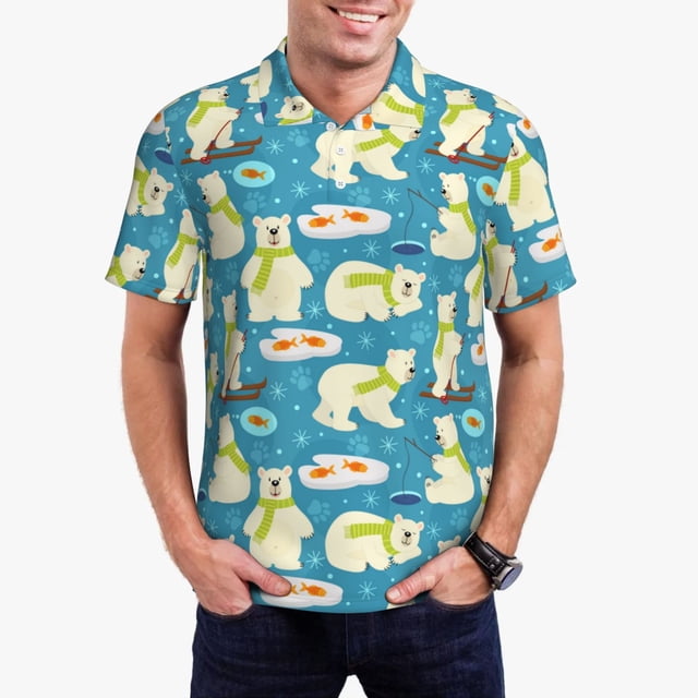 Balery Cute Polar Bear Fishing Camisa Polo de Hombre con Estampado, de Manga Corta y Tejido Medio, Camisa Tipo Golf Polo-X-Large
