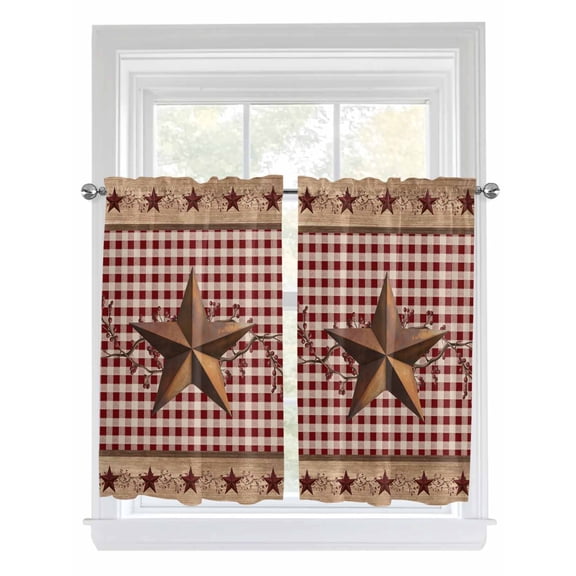 Vintage Texas Star Brown 2 Panel Kitchen Curtains for Windows, Red Plaid Berry Farmhouse Bathroom Privacy Curtain, Home Décor Window Treatment for Bedroom/Living Room 55"x45"