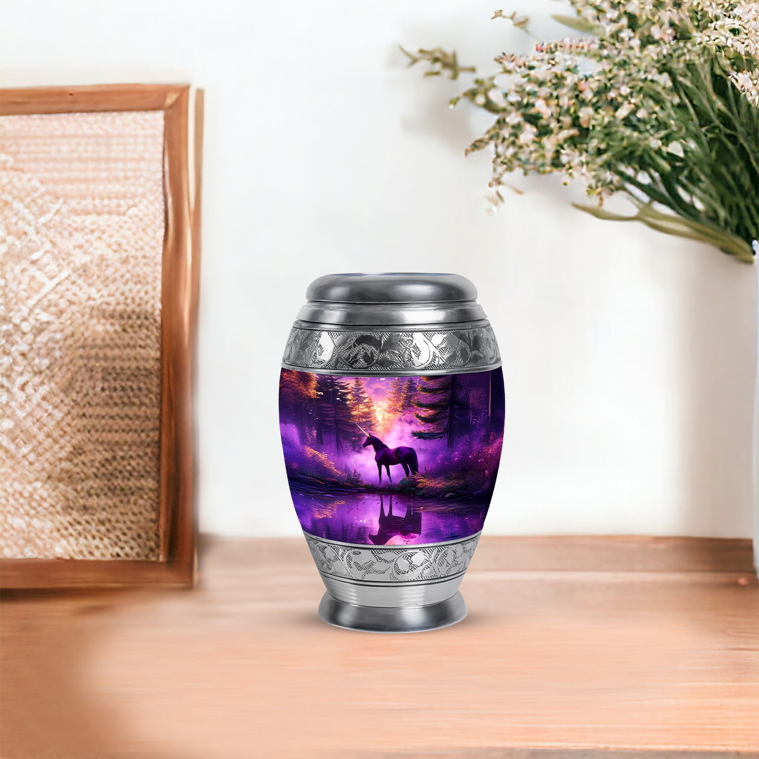 JAGASY Unicorn Small Urn for Daughter, Purple Tiny Keepsake Urns for Human Ashes, Sunset Forest Trees & River Decorative Urns for Children, Memorial Miniature Urn for Son, (3 Inch)