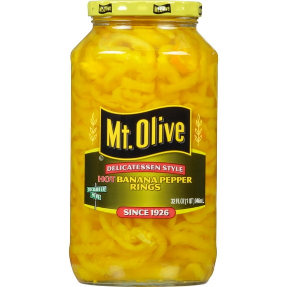 Mt Olive Delicatessen Style Hot Banana Pepper Rings, 32 fl oz jar