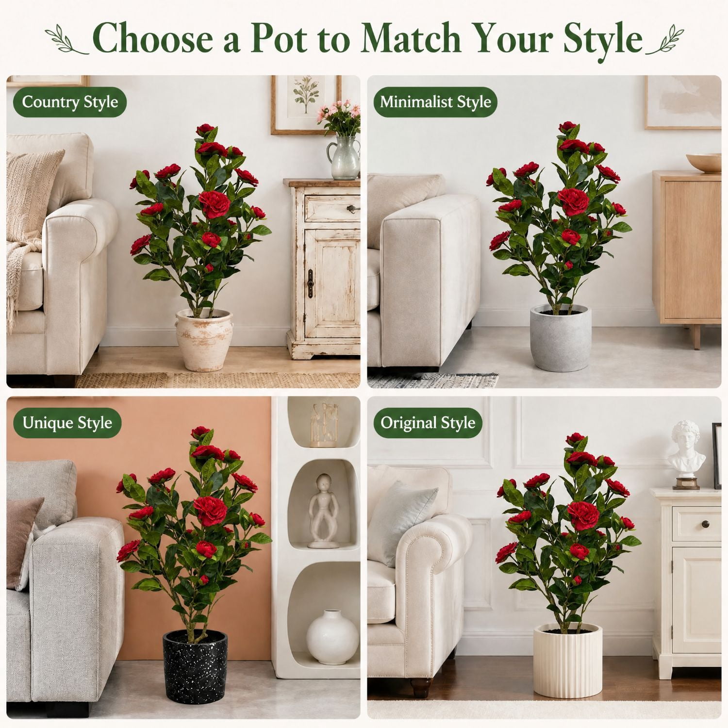 Easy4Home 2.6FT Artificial Flower Plant Fake Camellia Tree Potted Indoor, Red