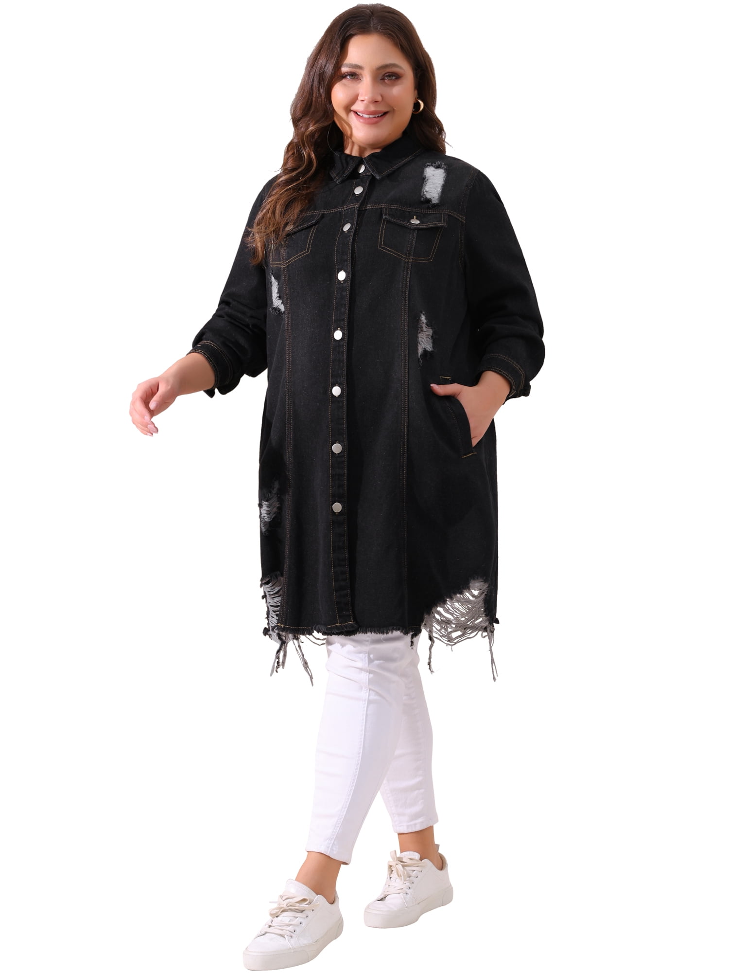 DARING DIVA Women's Plus Size Distressed Fray Hem Trucker Denim Jackets 3X Black