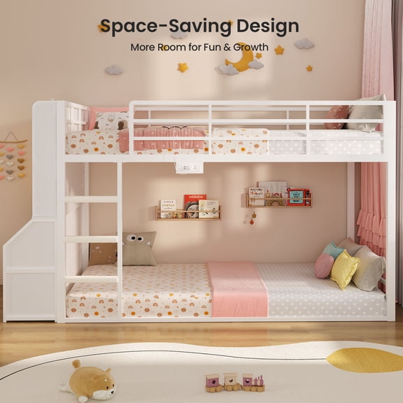 Plonmago Low Twin Over Twin Size Bunk Bed With Bookshelf & Storage Drawers, Metal Floor Bunk Bed With Rgb Lights & Charging Station, Guardrail & Ladder, Small Space, White