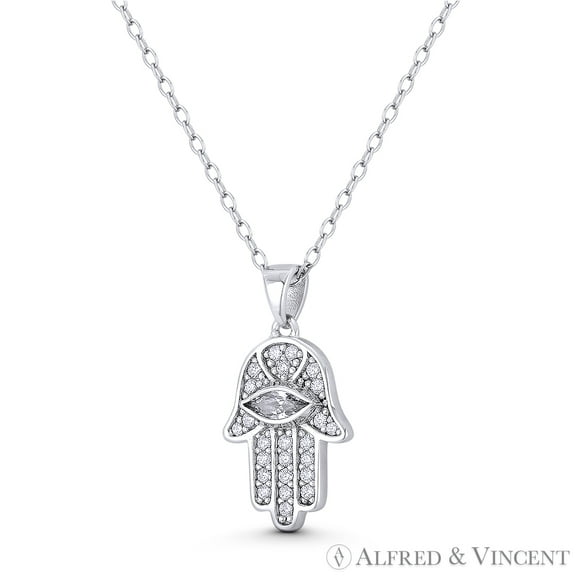 Hamsa Hand Evil Eye Luck Charm Cubic Zirconia Crystal 22x11mm (0.9x0.4in) Pendant & Chain Necklace in .925 Sterling Silver w/ Rhodium