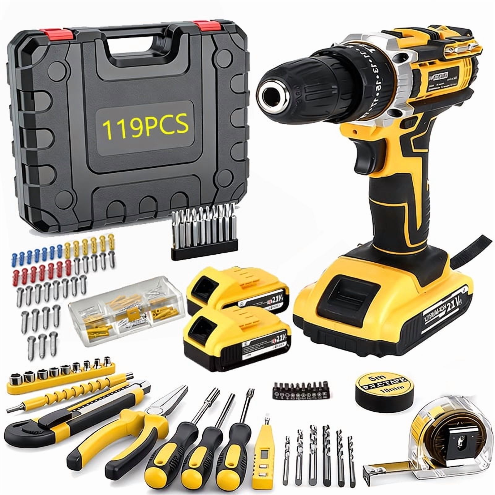21V Cordless Drill Driver Kit, 25+1 Clutch, 2 Batteries & Charger, 3/8" Keyless Chuck, LED Light, Complete Drill Set with Carry Case, Ideal for Home Improvement, Household Repairs & DIY Projects