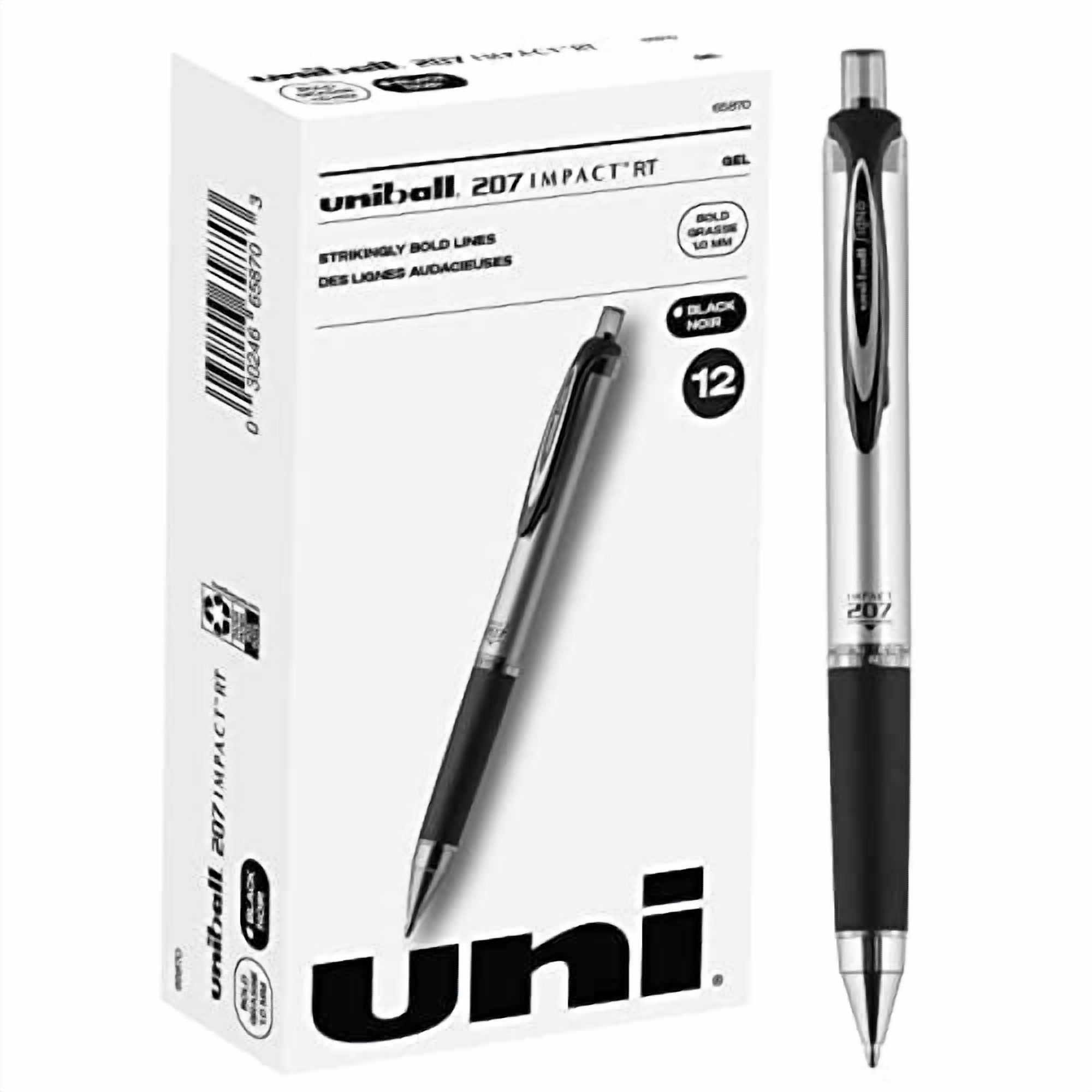 uni-ball® RT Gel Pens, 207™ Impact™, Bold Point, 1.0 mm, Gray Barrel, Black Ink, Pack Of 12