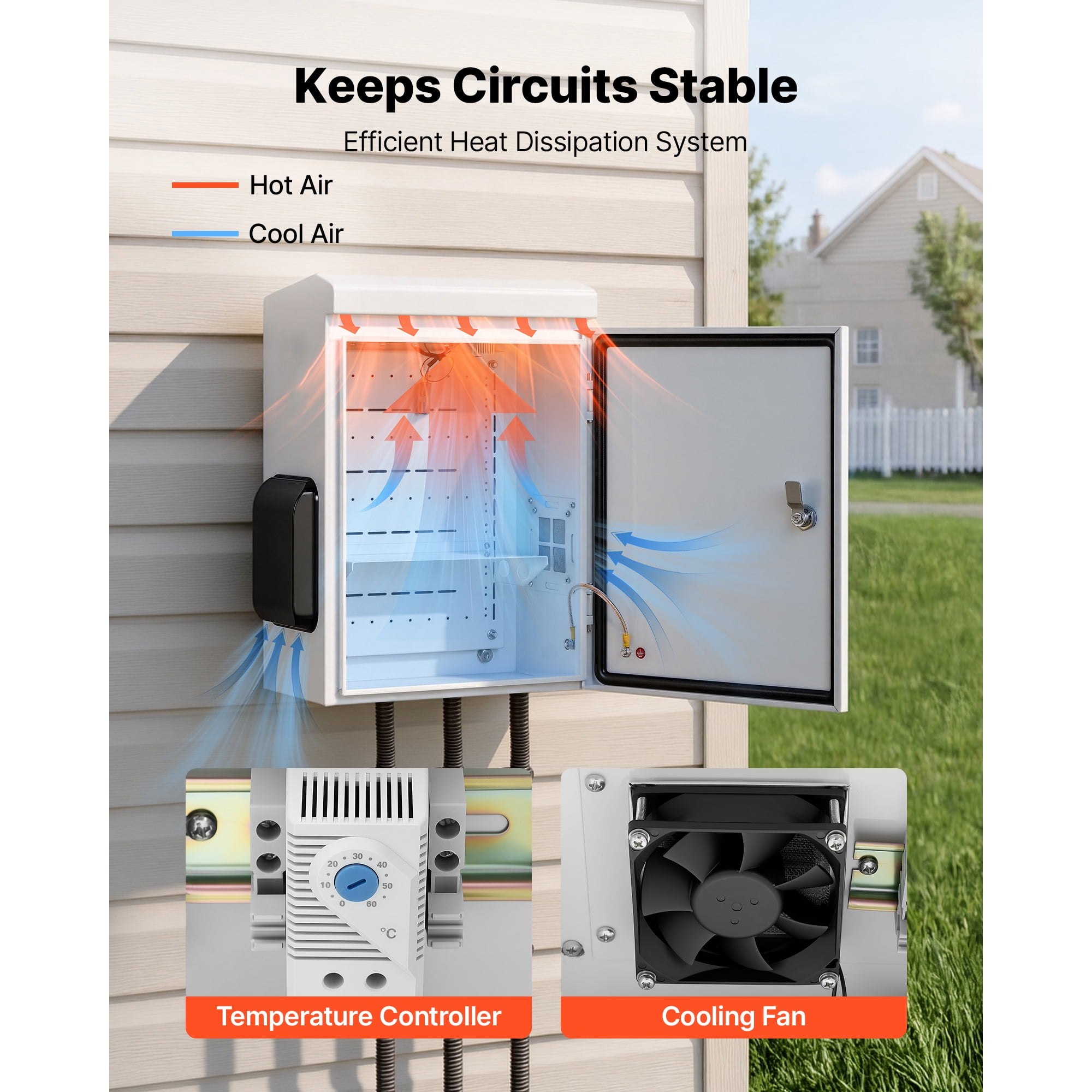 KFFKFF Outdoor Electrical Enclosure, Cold-Rolled Steel, Junction Box with Built-In Thermostat and Fan, Weatherproof Hood, Ventilated Structure, IP65 Rated Waterproof Hinged Design, 20 x 16 x 8 in