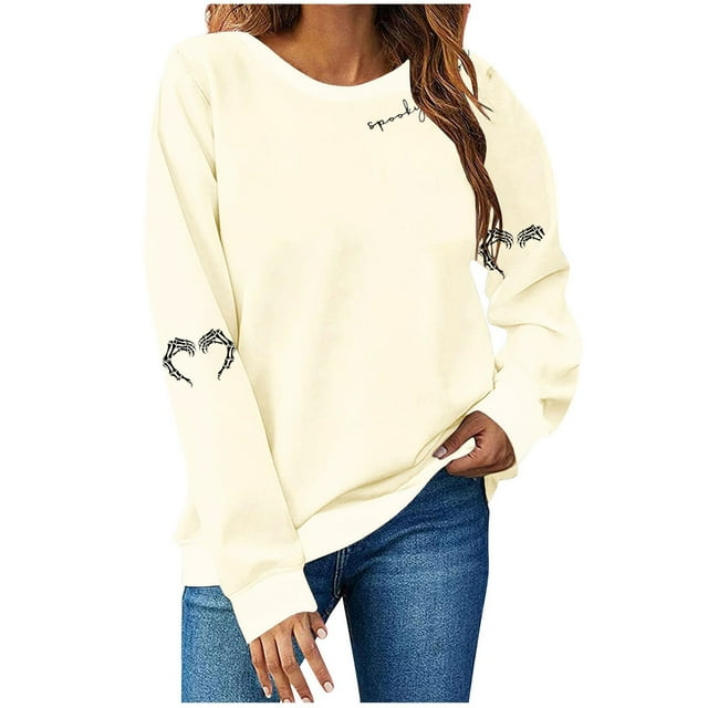 LMKIHUSA Chandail d'Halloween pour Femmes Saison Effrayante Drôle Squelette Cœur Graphique Chandail à Manches Longues Col Rond Hauts Décontractés Mode Automne 2025 Chandail Beige, TG