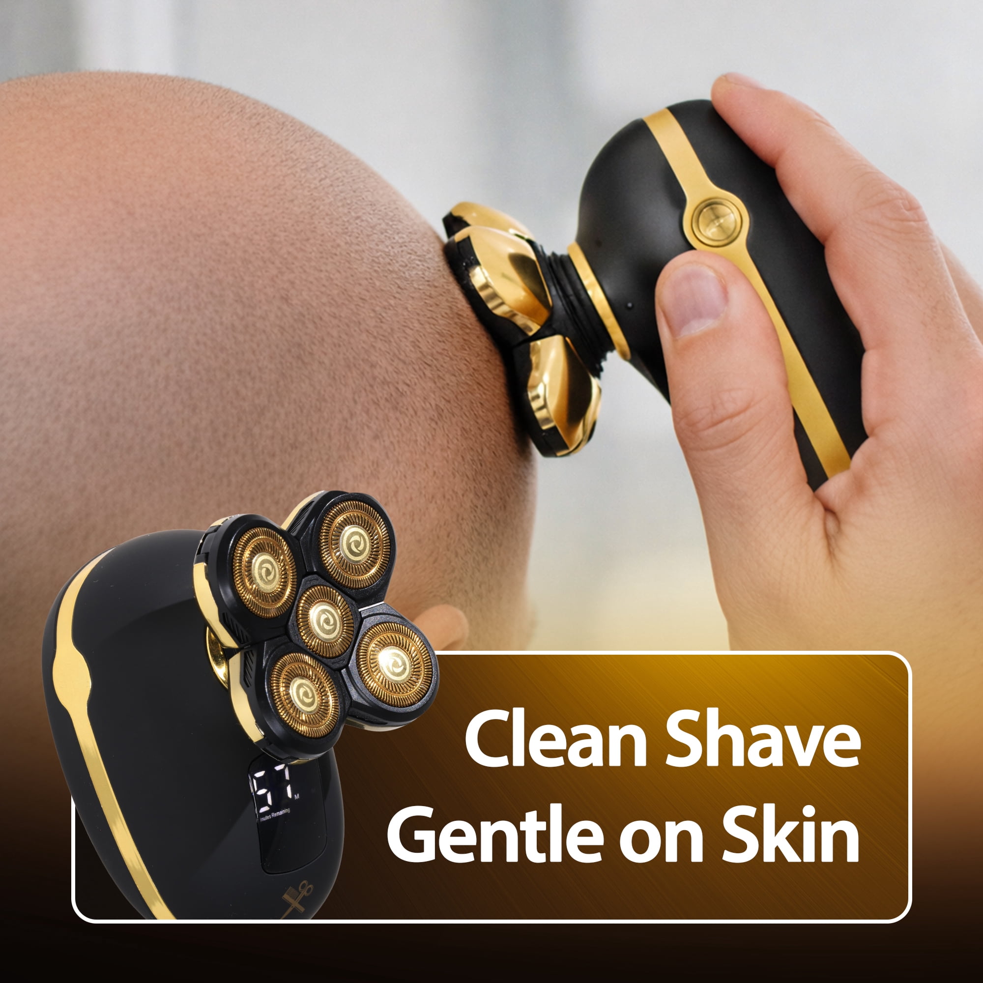 Cutting Edge Rechargeable Head Shaver for Men, 5 Pivoting Rotary Heads, Wet & Dry Waterproof Electric Head Razor, LCD Display, Hypoallergenic Titanium Coated Blades, USB Charging