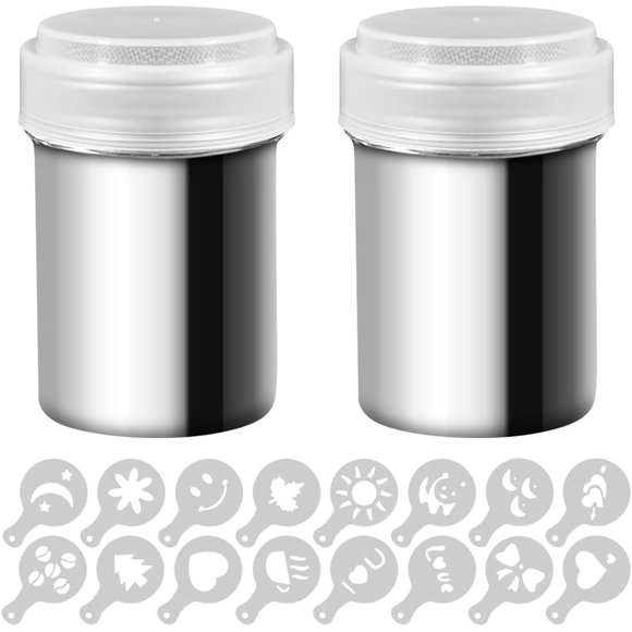2 secoueurs à poudre en acier inoxydable, pots de poudre à maille pour le café, le cacao, la cannelle en poudre avec couvercles, avec 16 pièces de pochoirs de forme d'impression