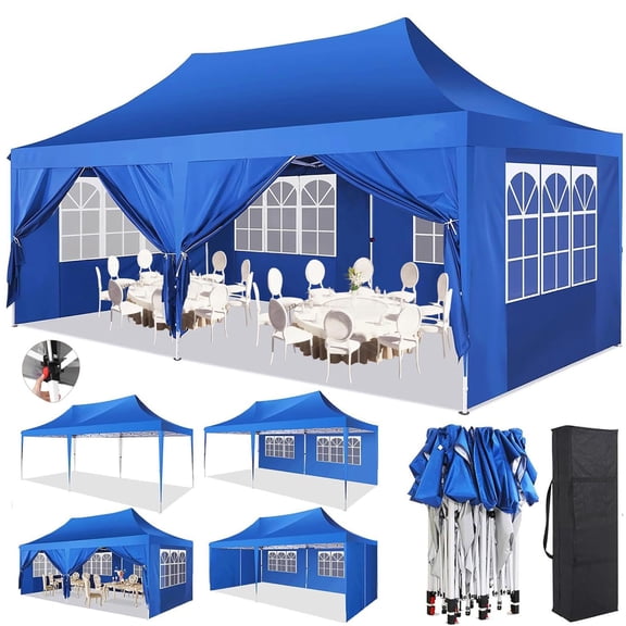 Tappio 10' x 20' EZ Pop Up Canopy Tent Party Tent, Heavy Duty Outdoor Instant Canopy Commercial Wedding Tent Carport with 4 Weight Bags, 6 Sidewalls, 6 Ropes, 12 Stakes and 1 Handbag, Blue