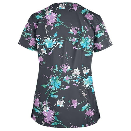 

CYMMPU Short Sleeve Scrub_Tops Clearance Women s Fashion Shirts Summer Tunic Nurse Uniform Workwear V-Neck Working Uniform Trendy Clothing Retro Floral Printed Pattern Dark Gray XXL
