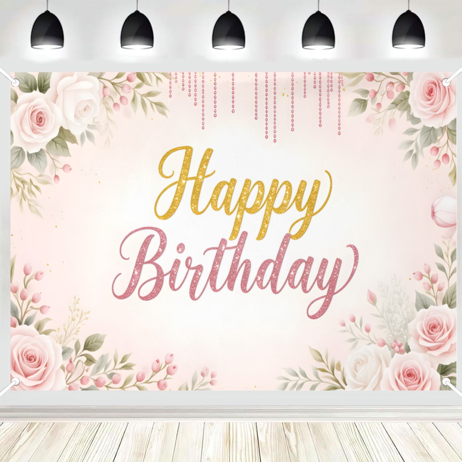 Happy Birthday Backdrop Pink White Rose Floral with Gold Glitter Photo Background Banner for Birthday Party Photography Booth Decor 16x24in