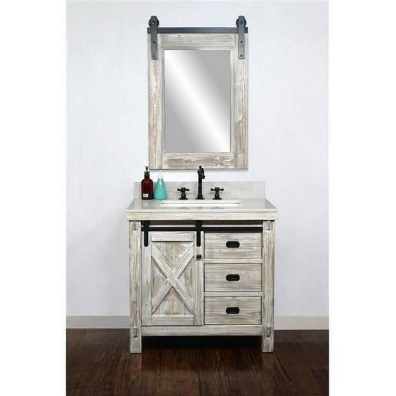 WK8536-W-AP TOP 36 in. Rustic Solid Fir Barn Door Style Single Sink Vanity in White Wash with Arctic Pearl Quartz Marble Top - No Faucet - 37 x 34.6 x 22 in.