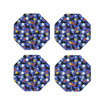 

Junzan Black Cats And Flowers Print Coasters for Drinks - Leather Coasters Set of 4 for Coffee Table for Housewarming/Kitchen/Bar/Decor-Octagon