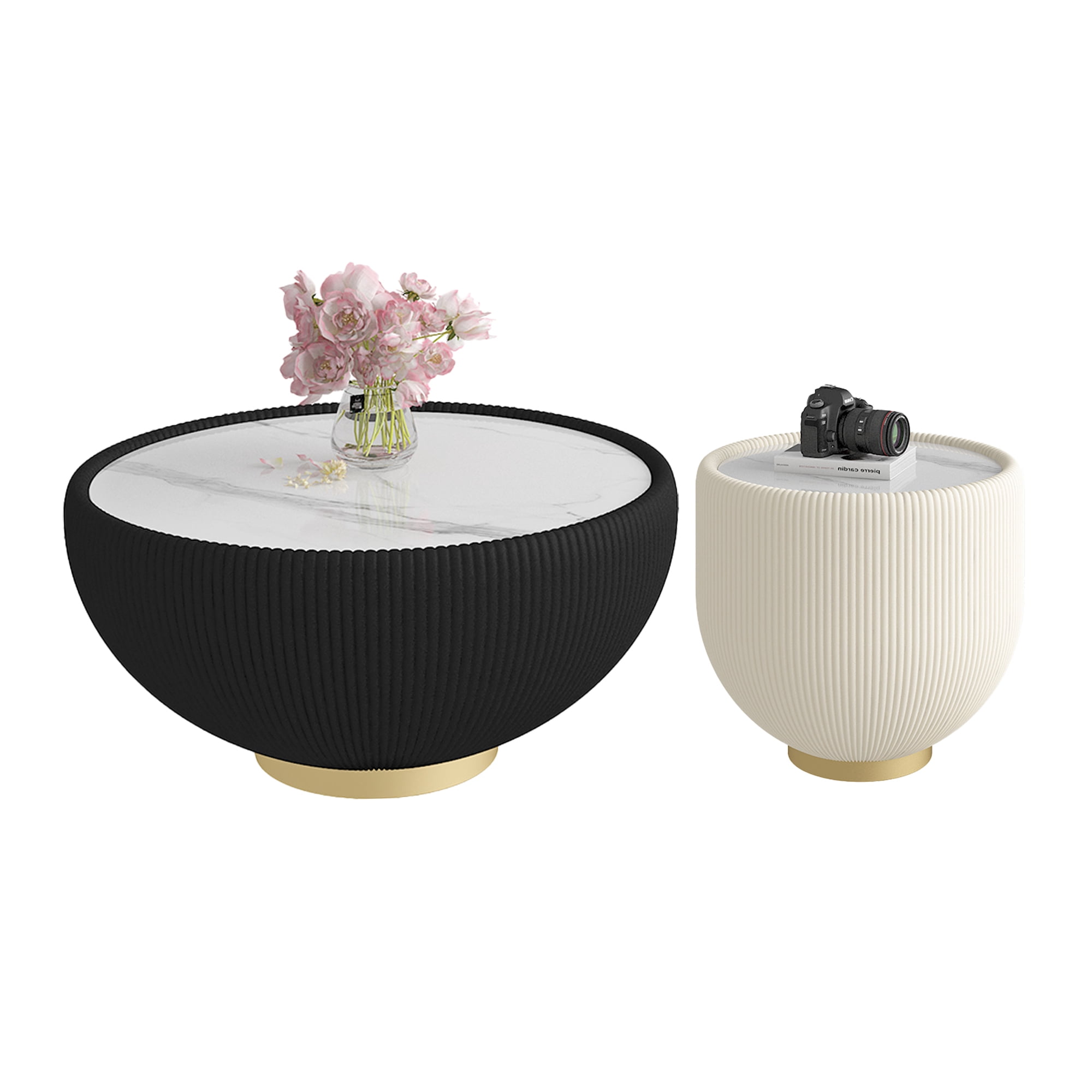 Leumius Modern Round Sintered Stone Pattern Tabletop Leather Edge Sofa End Table with Metal Base,Luxurious Side Table for Home Decor Living Room Beige