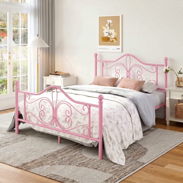Amolife Queen Metal Platform Bed with Butterfly Headboard, Pink photo 2
