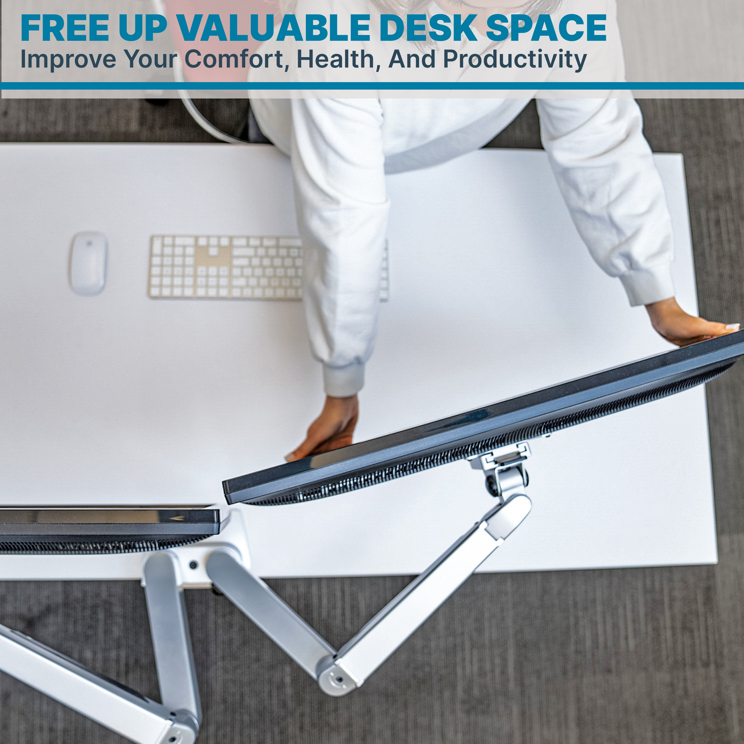 Restore Furniture Premium Height Adjustable Dual Monitor Arm Stand: Desk/Grommet Mount, Gas Spring Lift, VESA 75x75 or 100x100mm, 2 Flat/Curved Ultrawide Screens up to 34in & 44lb ea., Silver