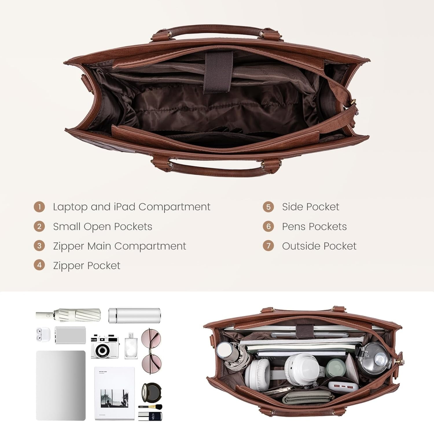 LOVEVOOK Laptop Tote Bag for Women, 15.6 Inch Work Bags, Vintage Leather Tote Bag, Waterproof Computer Bags with Clutch Purse, Large Capacity Messenger Bag for Teacher College Business Office