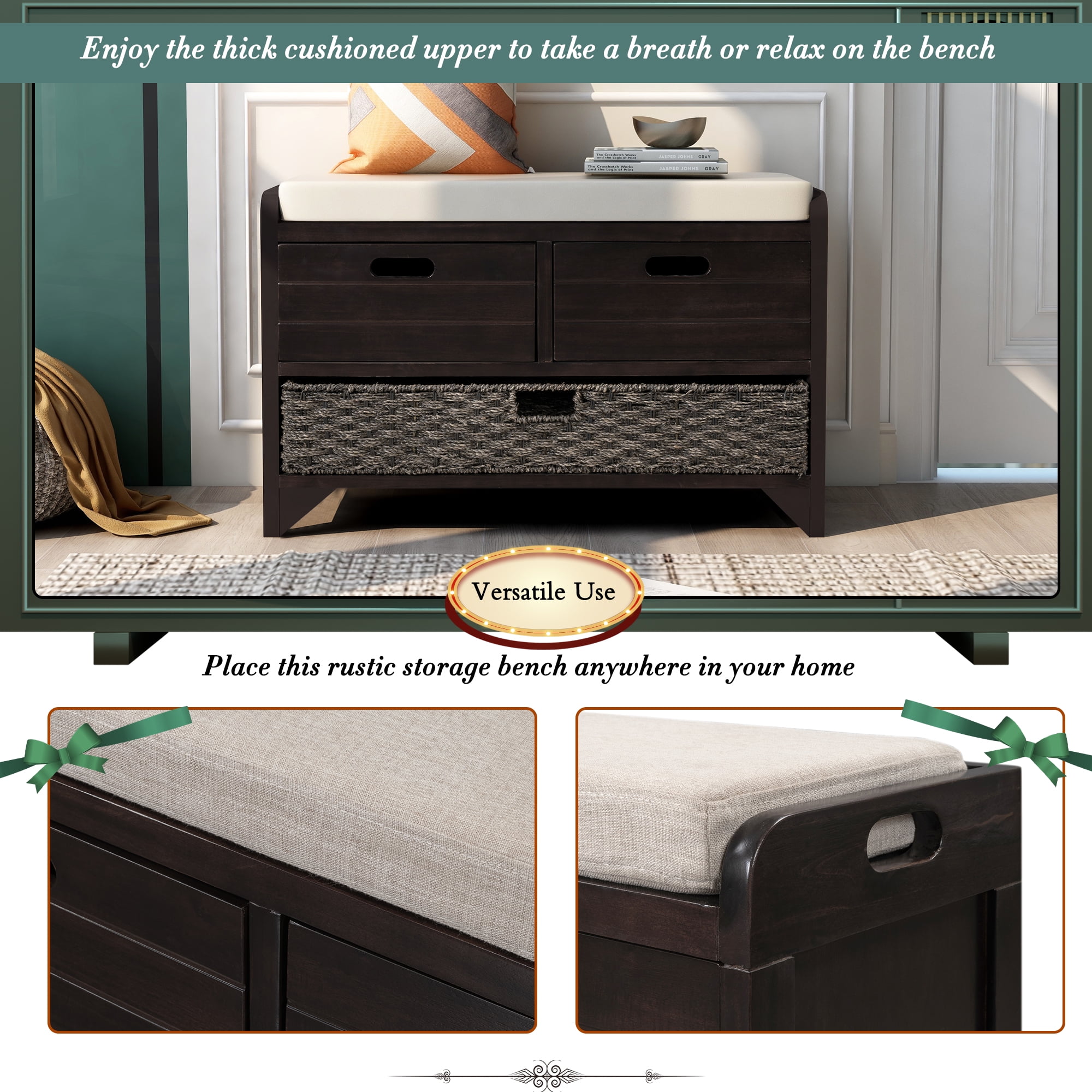 Aukfa Wood Storage Bench with Removable Basket and 2 Drawers for Entryway - Espresso
