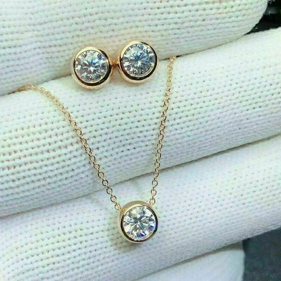 8MM 3Ct Diamond Jewelry Set Stud Earring & Pendant Necklace 14K Yellow Gold Plated