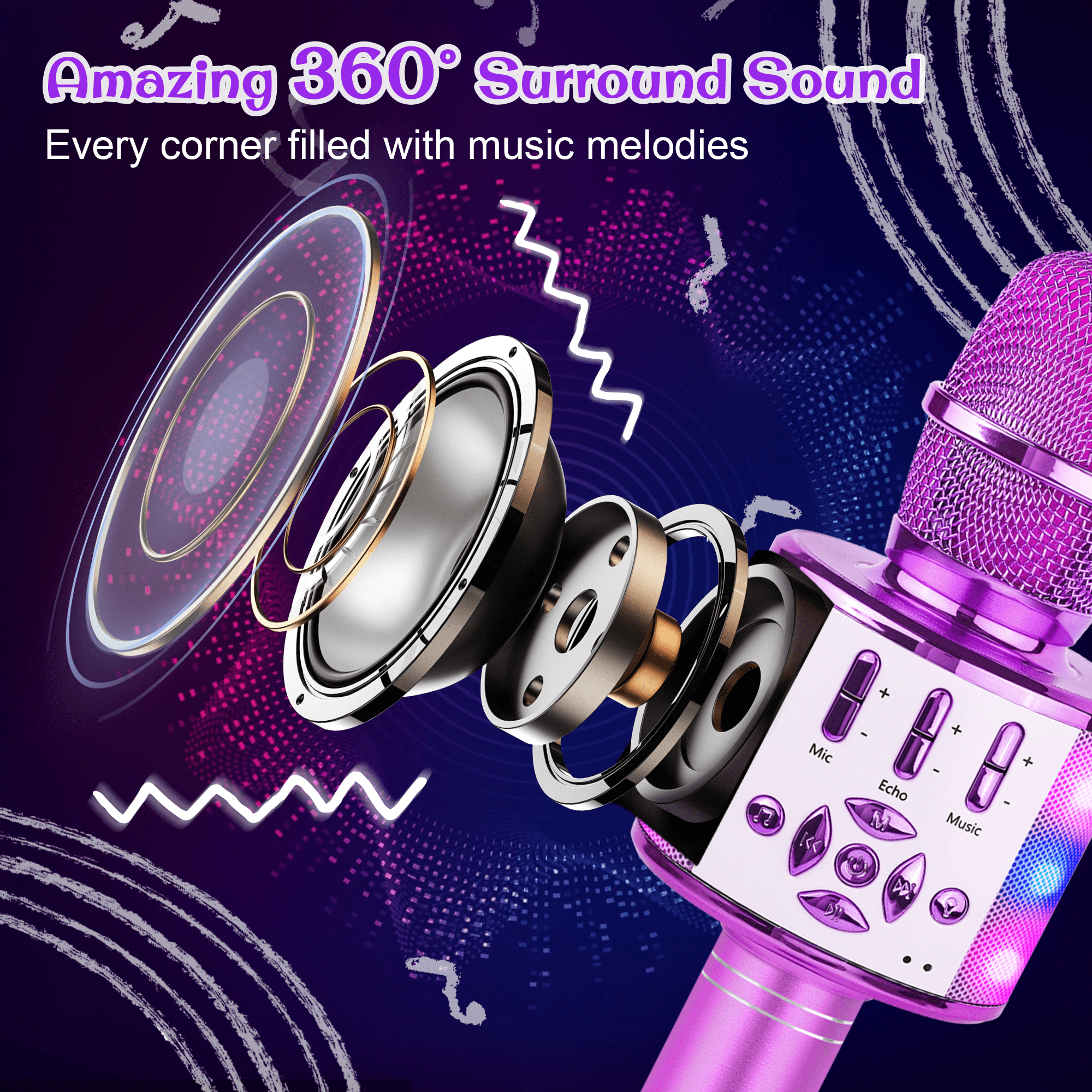 Bonaok Bluetooth Wireless Karaoke Microphone, Portable Handheld Karaoke Machine with LED Lights, Bluetooth Microphone Speaker Singing Gift for Kids Adults(Light Purple)
