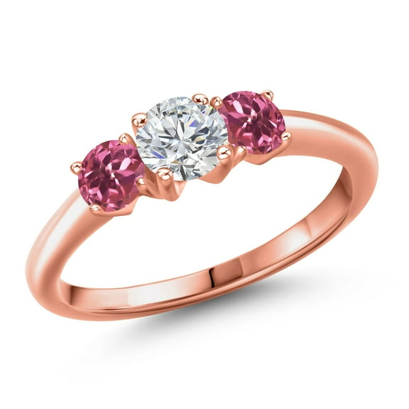 Gem Stone King 18K Rose Gold Plated Silver Lab Grown Diamond and Pink Tourmaline Engagement Ring for Women | 1.00 Cttw | Round 5MM | Gemstone April Birthstone | Size 6