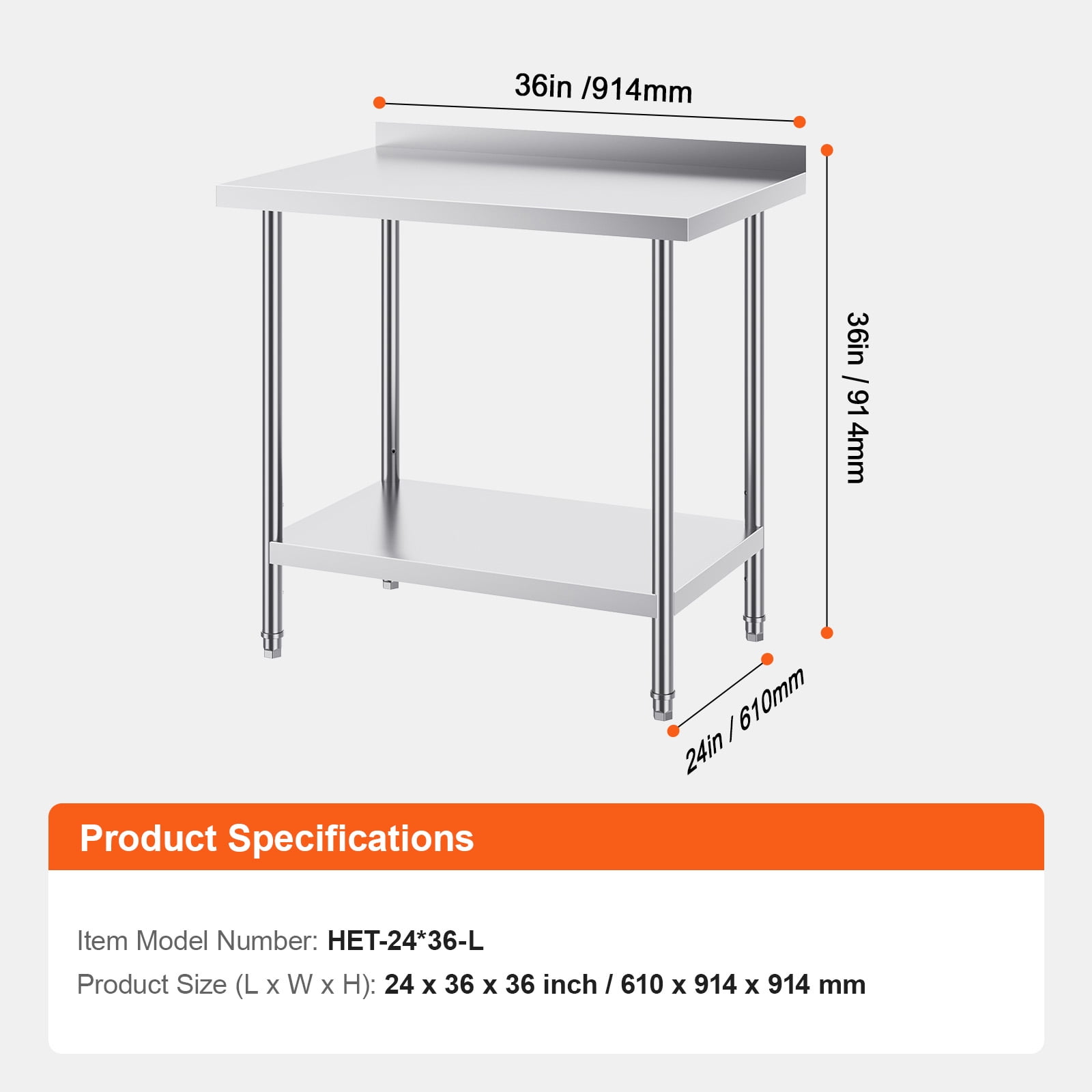 KFFKFF Durable Adjustable Height Food Prep Table, Stainless Steel, 24 x 36 x 36 Inch