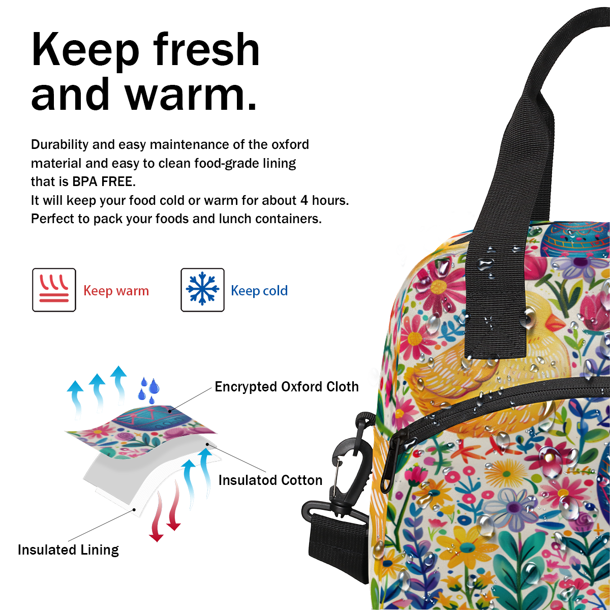 Herdesigns Watercolor Chicken Hen Insulated Lunch Bag for Women Men Adults Large Reusable Lunch Box Rustic Farmhouse Leakproof Cooler Tote Bags with Adjustable Shoulder Strap