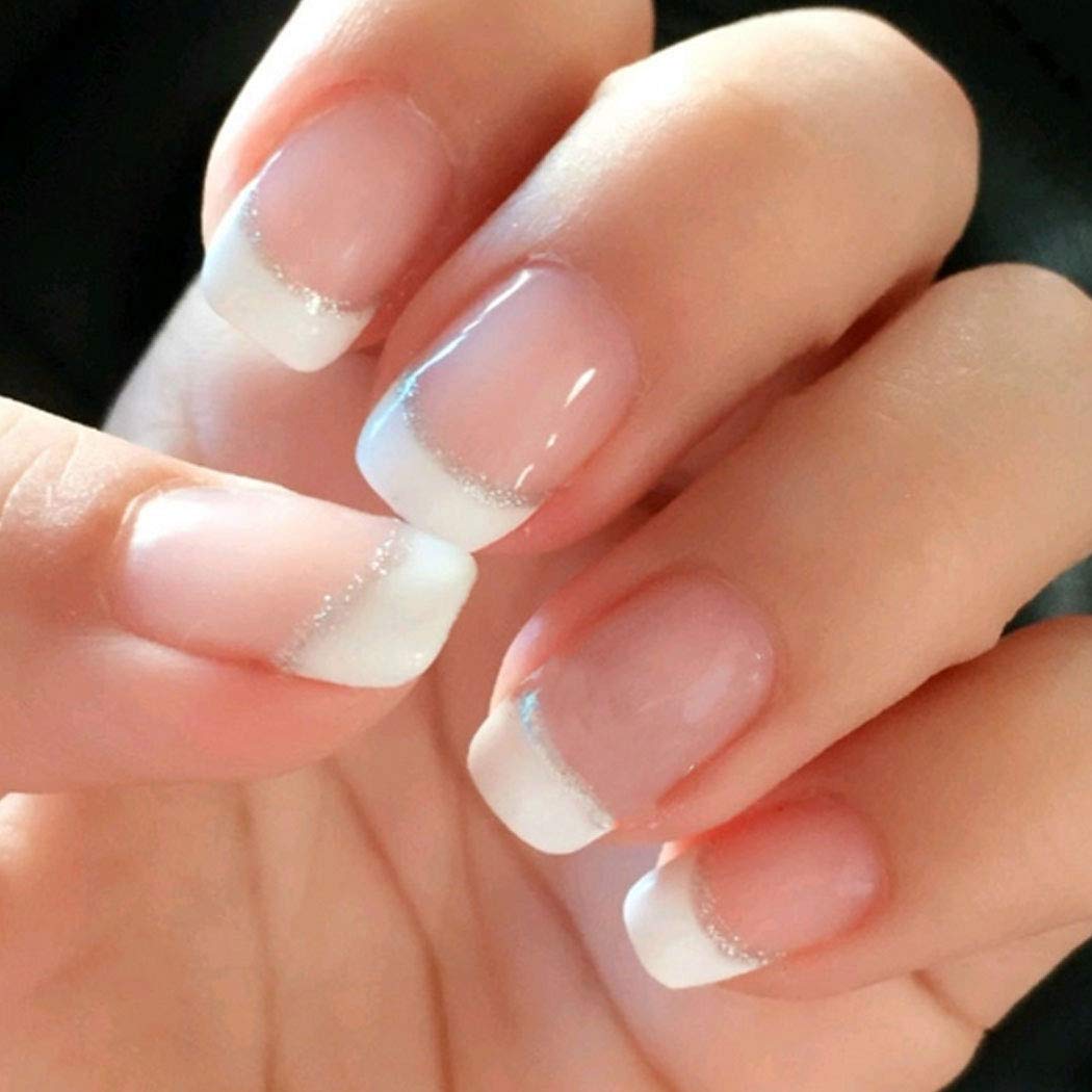 Nude Pink False Nails Glossy Glitter Full Cover Short Square Fake Nails French Press On Nails For Women And Girls 24pcs Walmart Com Walmart Com