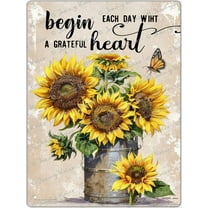 Sunflower Begin Each Day With A Grateful Heart Vintage Metal Tin Sign Rustic Style Wall Décor Sign for Bedroom Kitchen School Classroom Nursery Decor Gift for Girl Teens 12x16 Inch