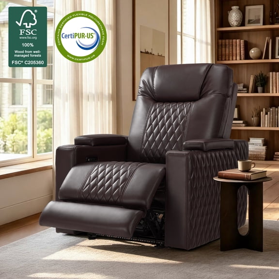 MCombo Zero Gravity Oversized Power Recliner, Home Theater Seating with Power Headrest, LED Light & Hidden Armrest Storage, Faux Leather, Brown