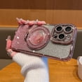 thumbnail image 6 of for iPhone 15 Pro Max Case with Magnetic Kickstand, Cute Sparkly Bling Glitter Rhinestones Phone Case, Glass Camera Lens Protector, Flowing Liquid Ring Stand for iPhone 15 Pro Max (Pink), 6 of 14