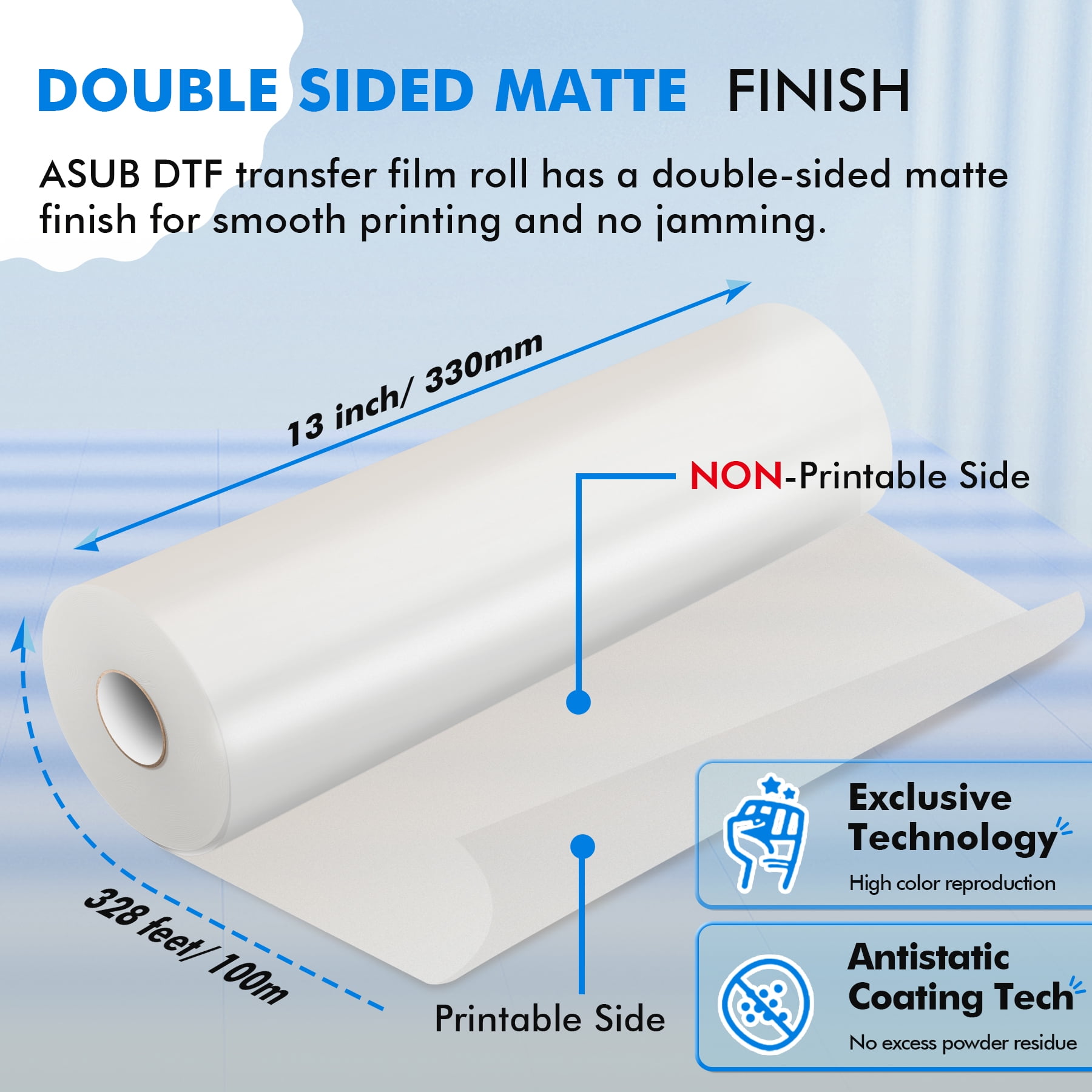 A-SUB DTF Film Roll 13 in X 328 FT DTF Transfer Film for Sublimation DTF Heat Transfer, 13"x328' DTF Paper Roll