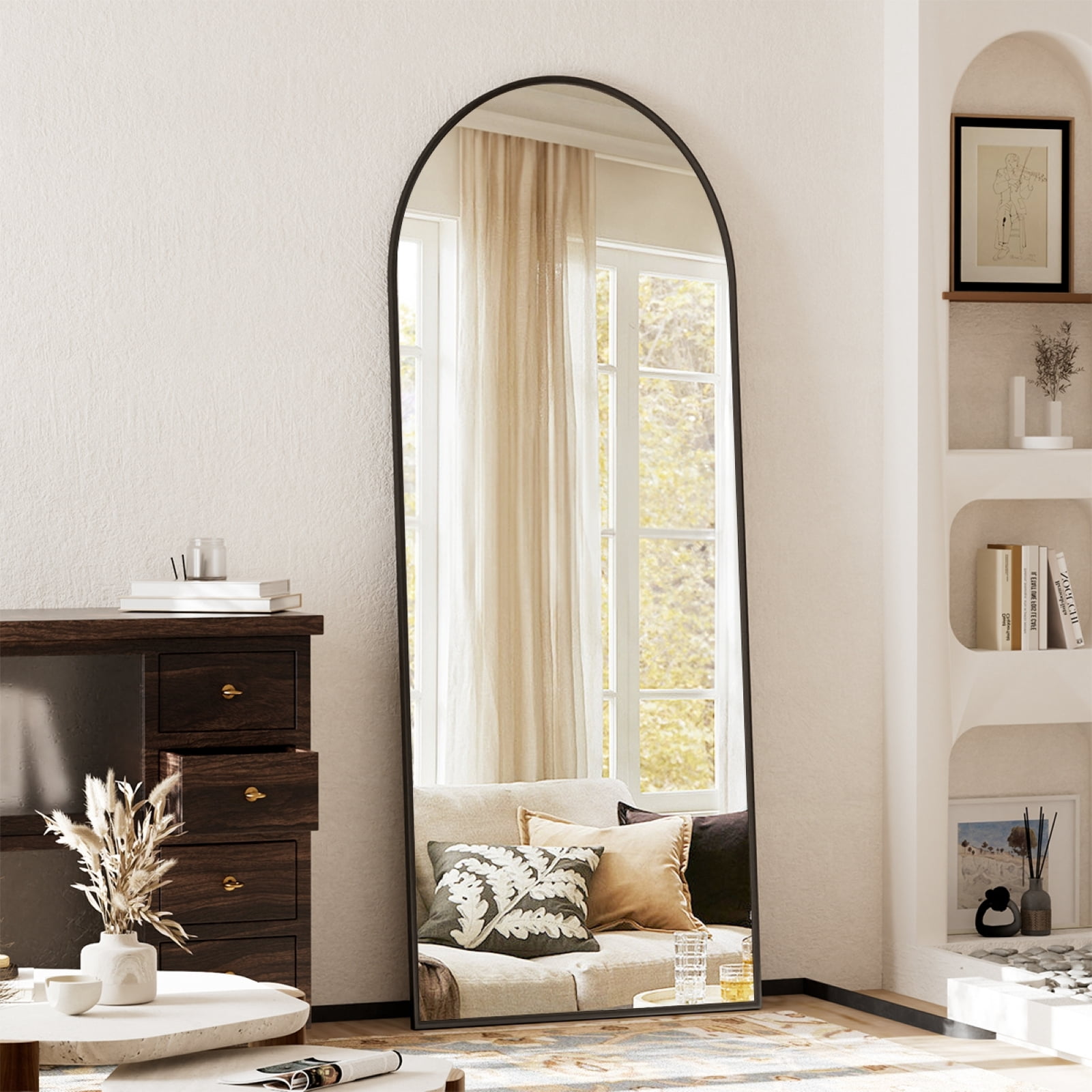Anyrose 57.5"x 19" Arched Full Length Floor Mirror Wall-Mounted Mirror with Metal Frame, Black
