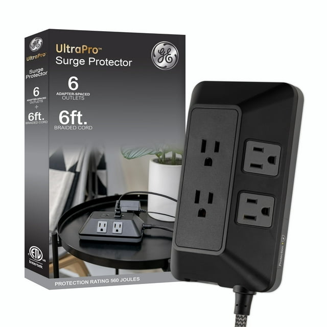 Protector contra sobretensiones GE de 6 salidas con cable trenzado 560J de 6 pies, negro