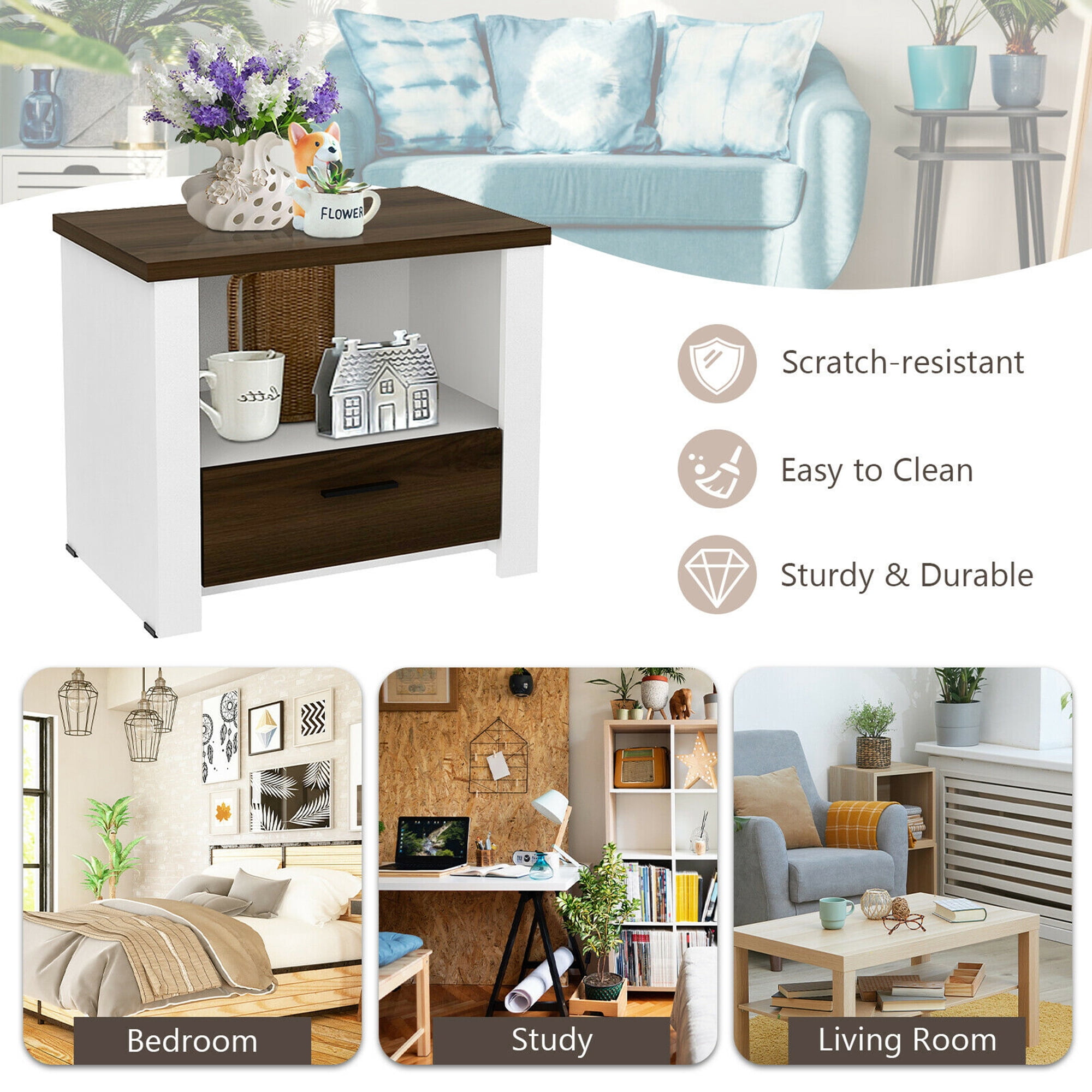 Gymax Fashion Accent Nightstand with Drawer and Open Shelf Sofa End Table Bedroom Living Room