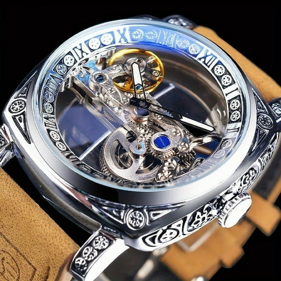 Timeless Luxury Square Mechanical Watch - Intricate Carvings, Dual Skeleton Dial, Automatic Self-Wind, Vintage Leather Strap Wristwatch
