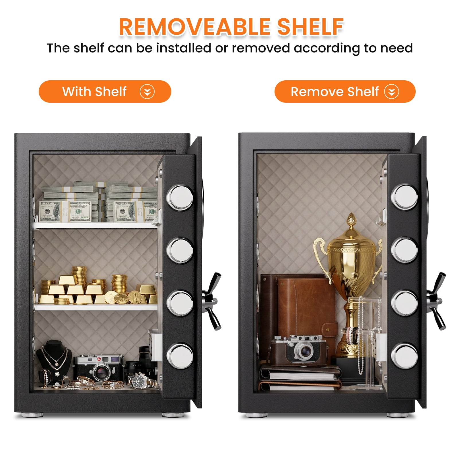 Riflewell 2.0 Cu Ft Heavy-Duty Steel Home Safe, Fireproof Document Bag, Digital Keypad, 3 Unlocking Ways, Dual Alarm & Silent Mode, 2 Adjustable Shelves for Home Office Hotel