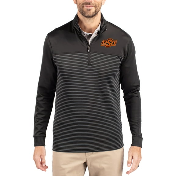 Men's-Cutter & Buck Black Oklahoma State Cowboys Traverse Stretch Eco Stripe DryTec Tri-Blend Quarter-Zip Pullover