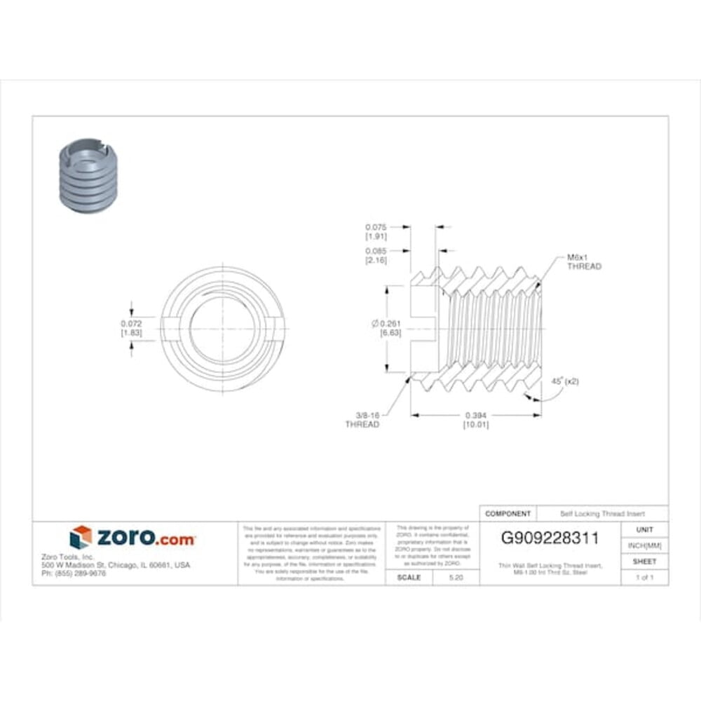 Thin Wall Self Locking Thread Insert, M6-1.00 Int Thrd Sz, Steel EZ-310-M6