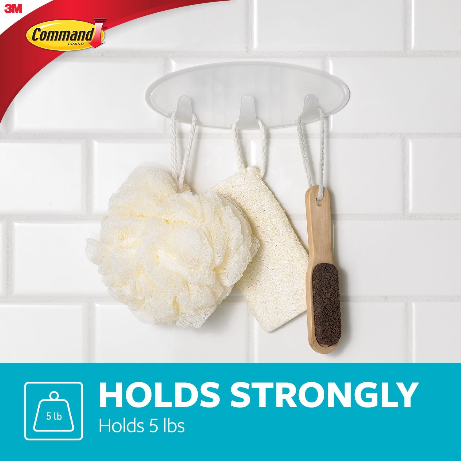 (3 pack) Command Bath Multi-Hook, 1 Wall Multi-hook, 2 Large Water Resistant Strips, Bathroom Organization