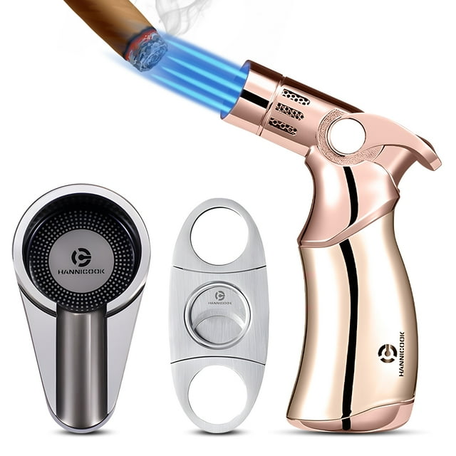 Cigar Cutter and Lighter Ashtray 3 Pieces Set Stainless Steel Sharp Cigar Cutter and Quadruple Jet Flame Lighter and Travel Single Cigar Ashtray with Gift Box Cigar Accessories for Men